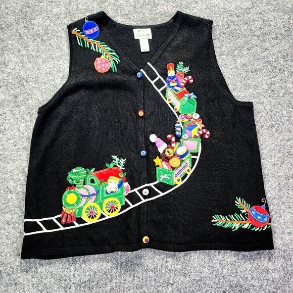 Quacker Factory Womens Cardigan Sweater Vest Black Ugly Christmas Santa Train 3X - Picture 1 of 16